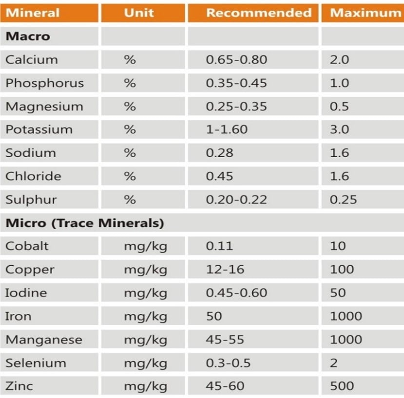 Requirement of minerals in Dairy on DMB