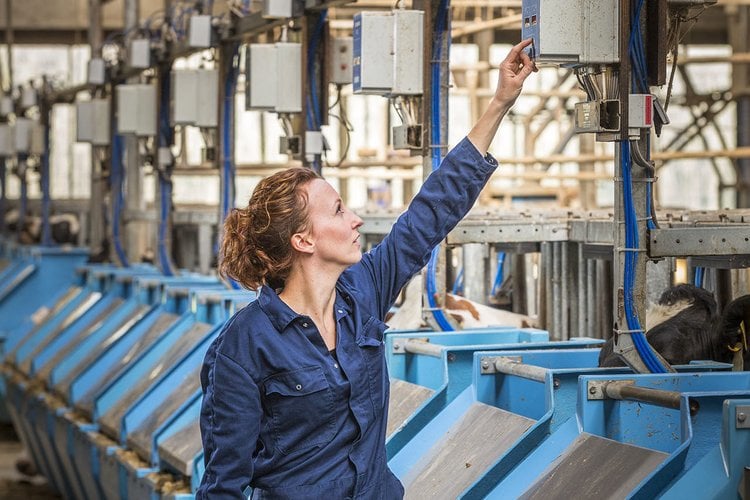 A woman checking the feed technology